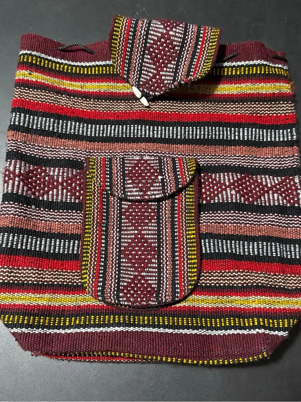 Striped Woven Backpack Tote in Burgundy, Red, Black
